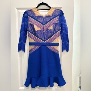 Three Floor Royal Blue and Nude Lace Mini Dress